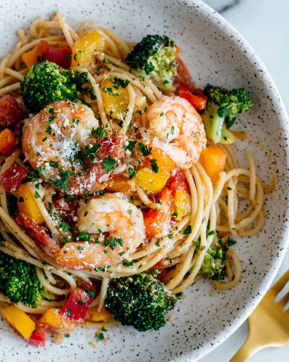 Spicy Shrimp Pasta with Broccoli and Bell Peppers Recipe - Recipe Image