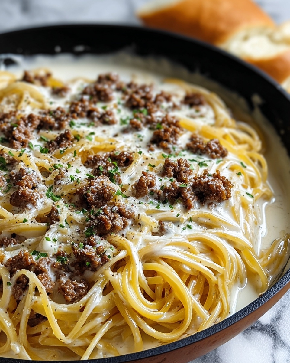 Cheesy Garlic Butter Linguine with Savory Ground Beef Recipe - Recipe Image