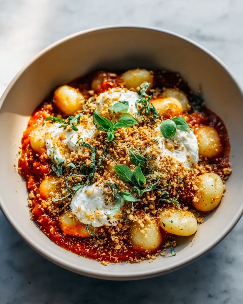 Millionaire Gnocchi with Red Sauce, Herbed Ricotta, and Golden Crispies Recipe - Recipe Image