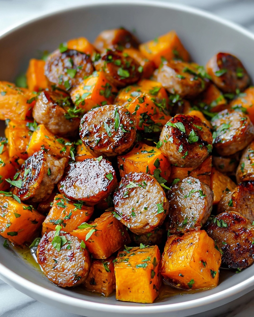 One-Pan Sausage, Sweet Potatoes, and Honey Garlic Dinner Recipe - Recipe Image