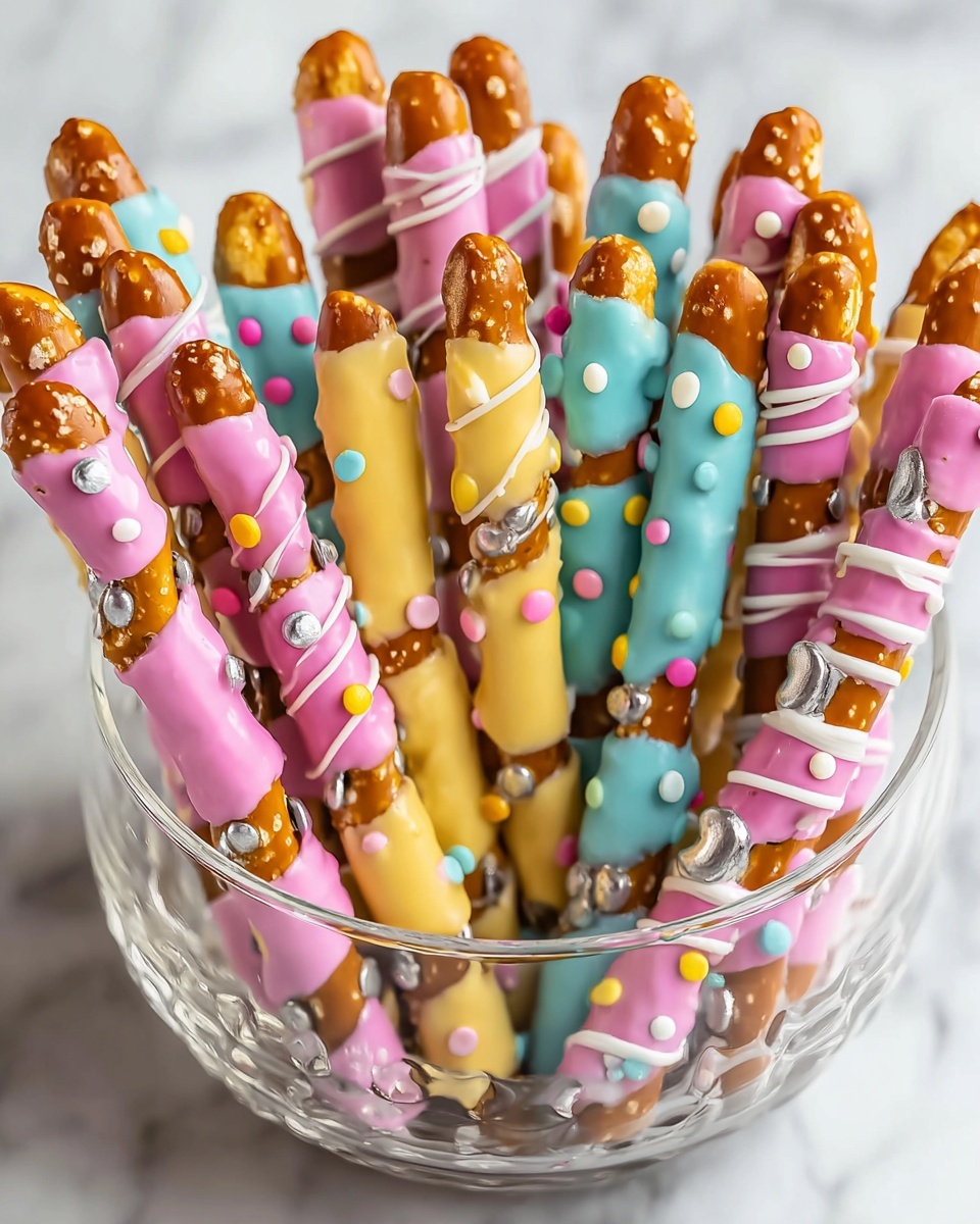 Easter Pretzel Rods with White Chocolate and Pastel M&Ms Recipe - Recipe Image