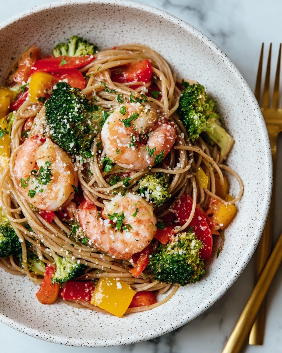 Spicy Shrimp Pasta with Broccoli and Bell Peppers Recipe - Recipe Image