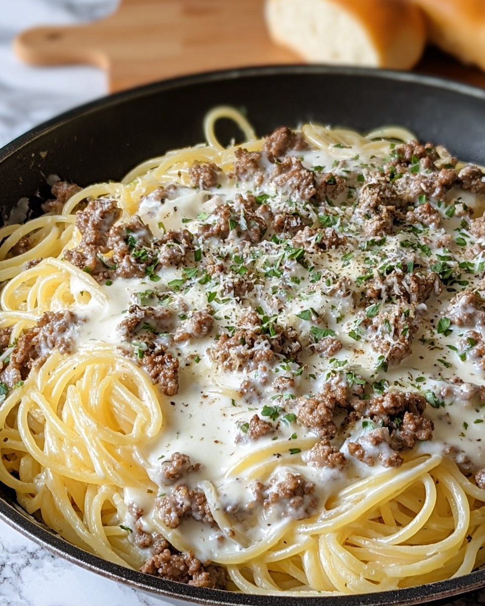 Cheesy Garlic Butter Linguine with Savory Ground Beef Recipe - Recipe Image