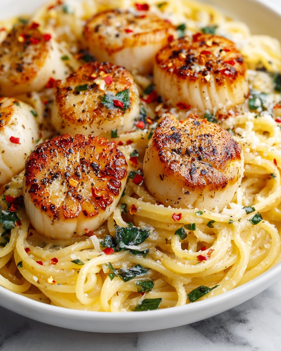 Creamy Tuscan Spaghetti with Jumbo Scallops Recipe - Recipe Image