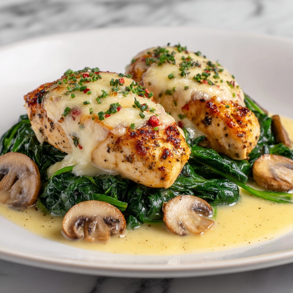 Baked Chicken with Spinach and Mushrooms cheesy bake Recipe - Recipe Image