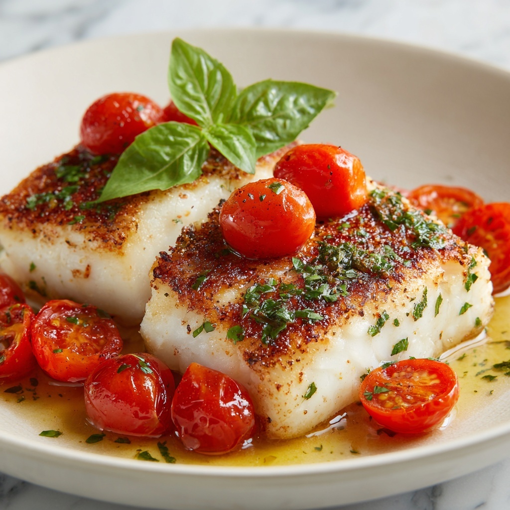 Pan-Seared Mediterranean Cod in Tomato Basil Sauce Recipe - Recipe Image