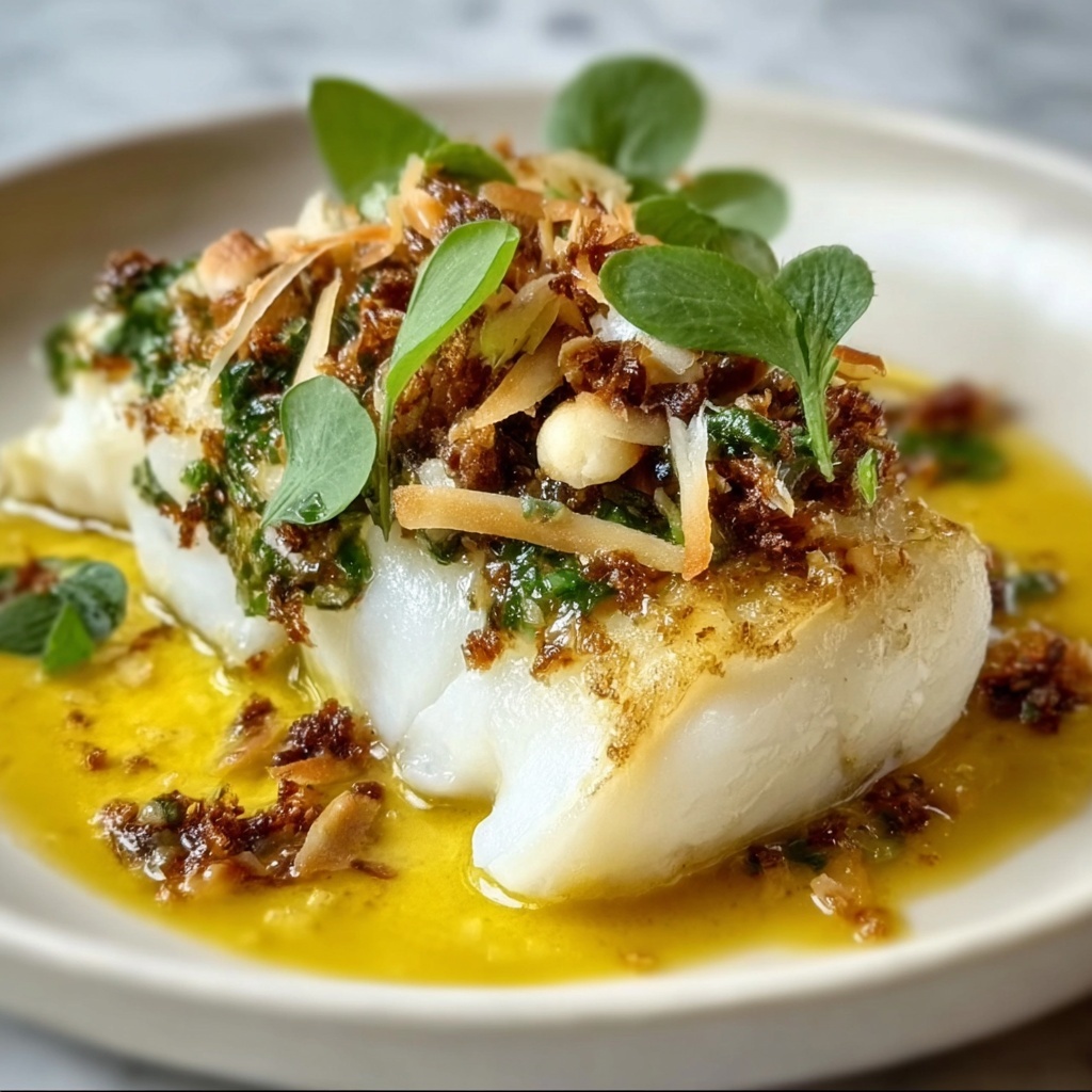 Herb-Crusted Sea Bass with Toasted Coconut and Tomato Dressing Recipe - Recipe Image