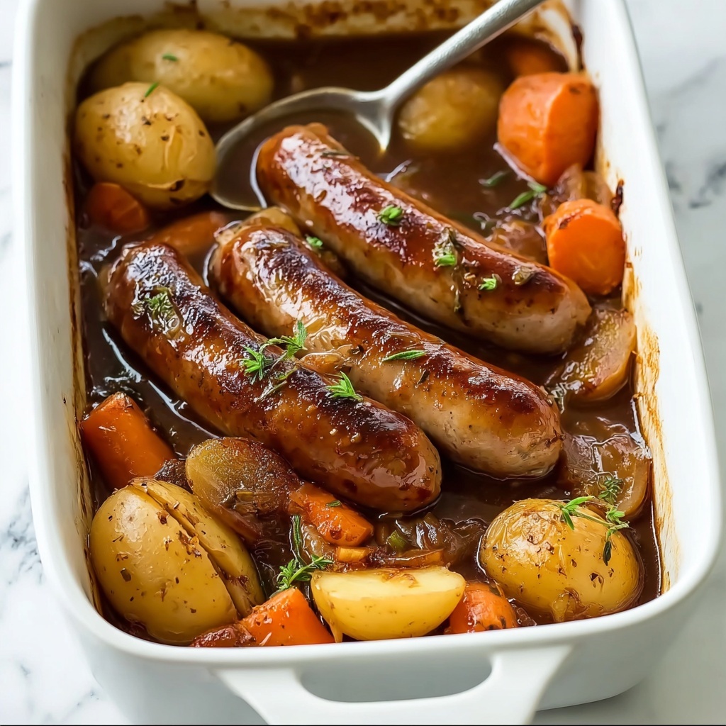 Oven Baked Sausages with Potatoes, Vegetables, and Gravy Recipe - Recipe Image