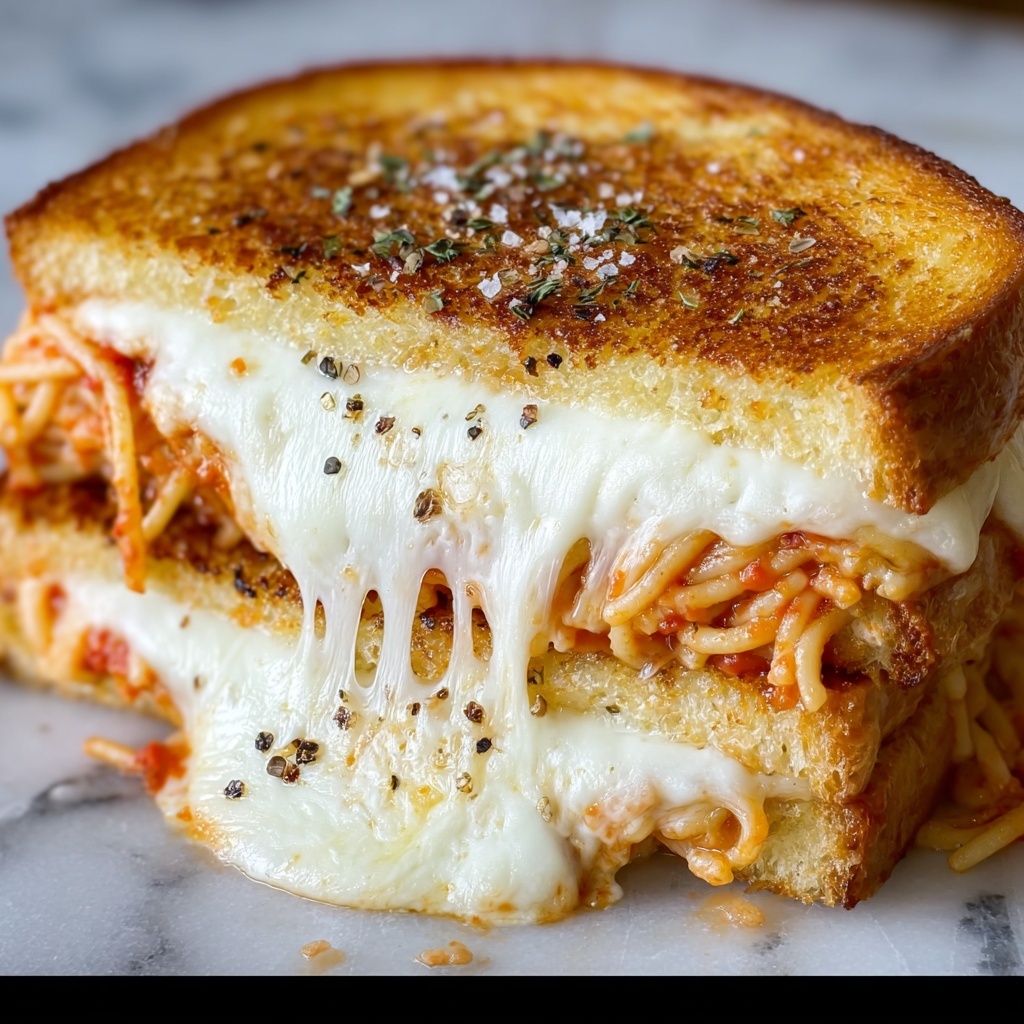 Spaghetti Grilled Cheese Sandwich with Bolognese and Mozzarella Recipe - Recipe Image
