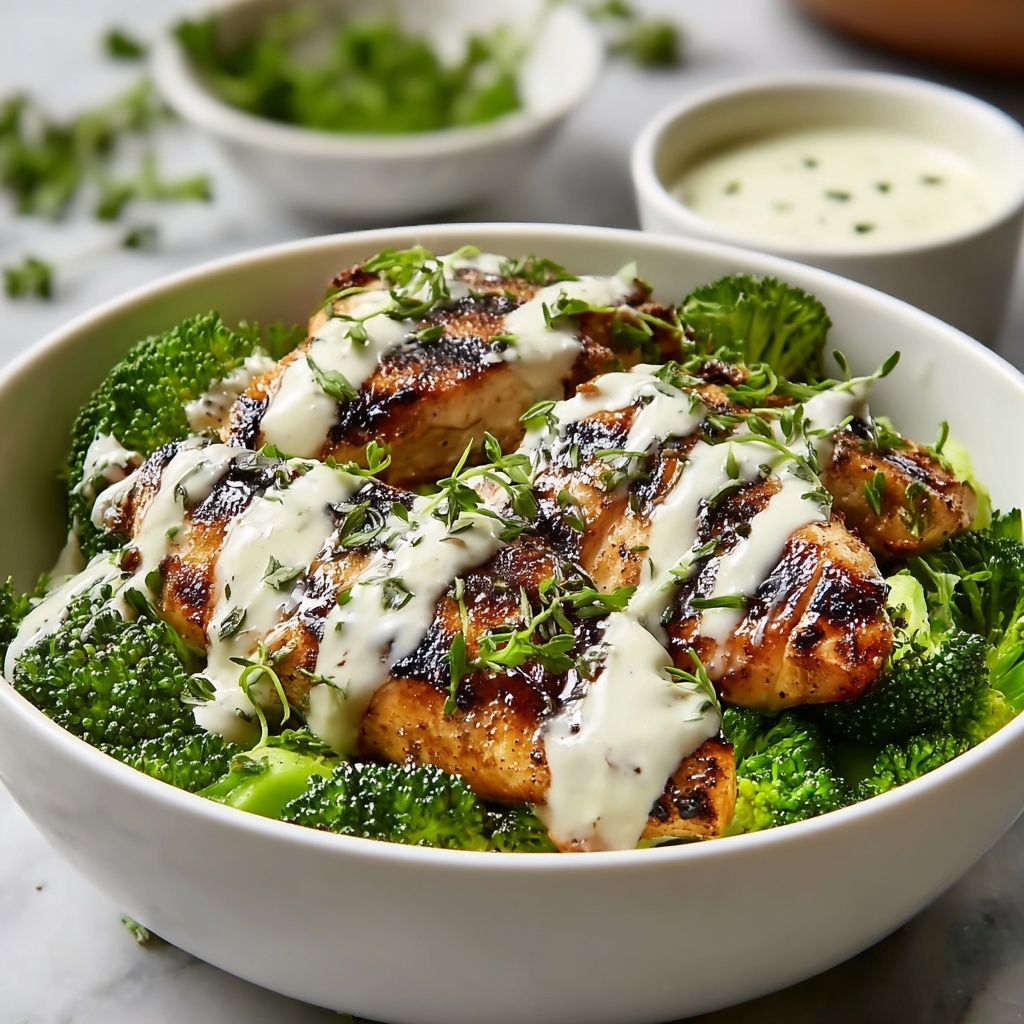 Grilled Chicken Broccoli Bowls with Creamy Garlic Sauce Recipe - Recipe Image
