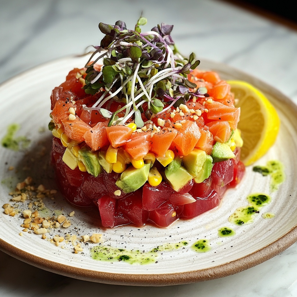 Salmon Tartare with Beetroot, Avocado, and Lemon Vinaigrette Recipe - Recipe Image