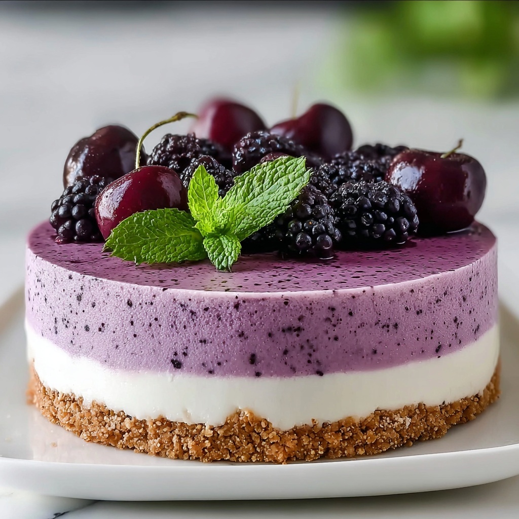 Elegant White Chocolate Blackberry Mousse Cheesecake Recipe - Recipe Image