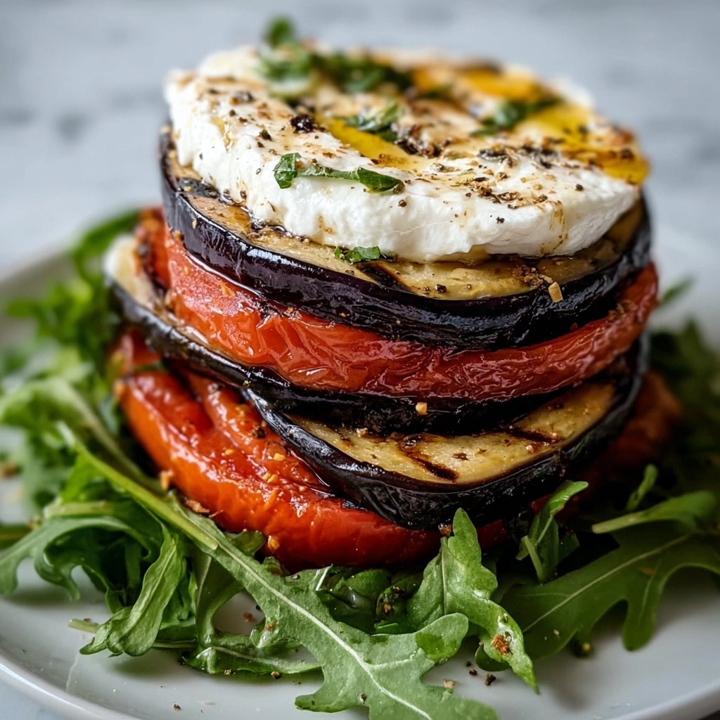 Grilled Eggplant Ratatouille with Fresh Cheese and Arugula Recipe - Recipe Image