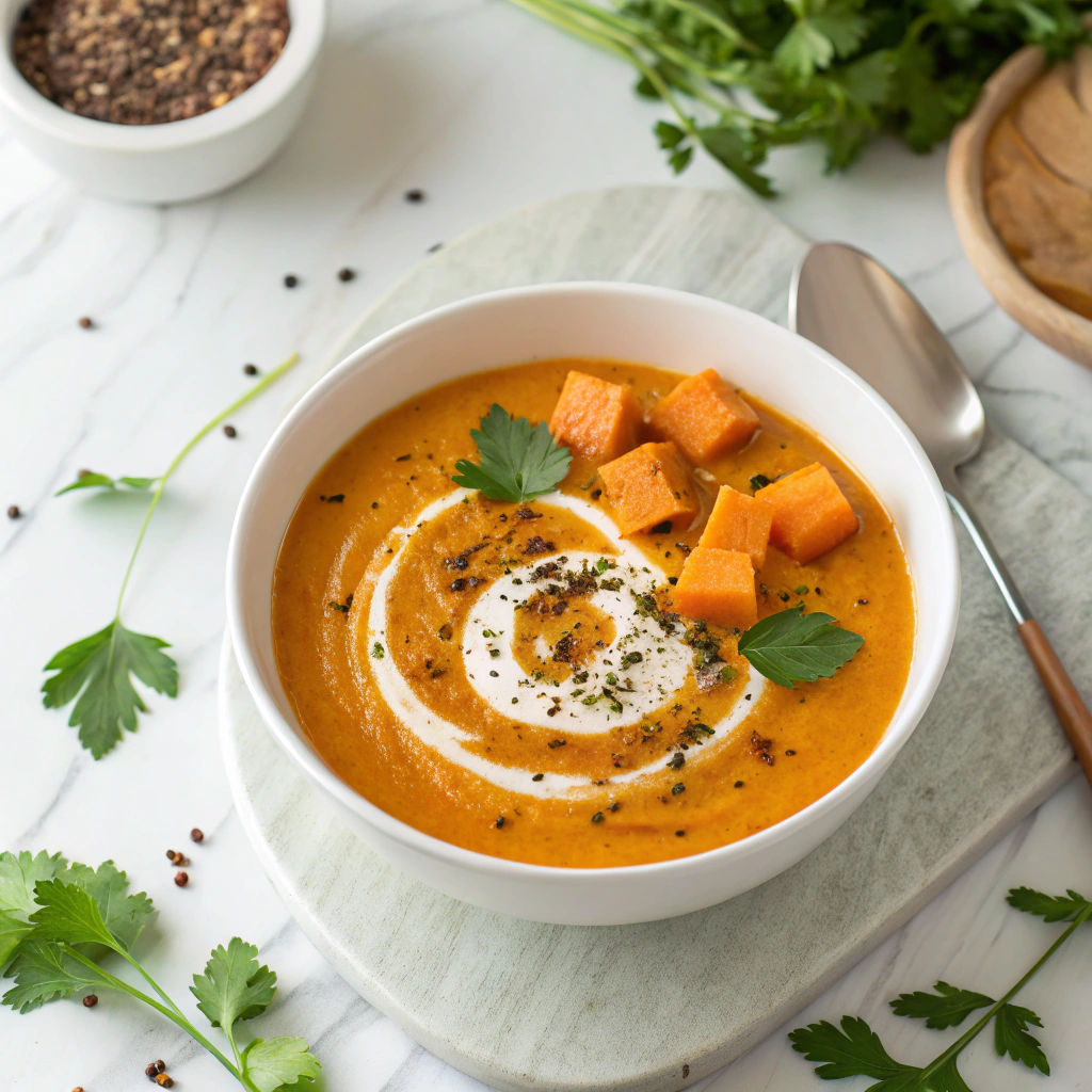 Spiced Butternut Squash and Sweet Potato Soup Recipe - Recipe Image