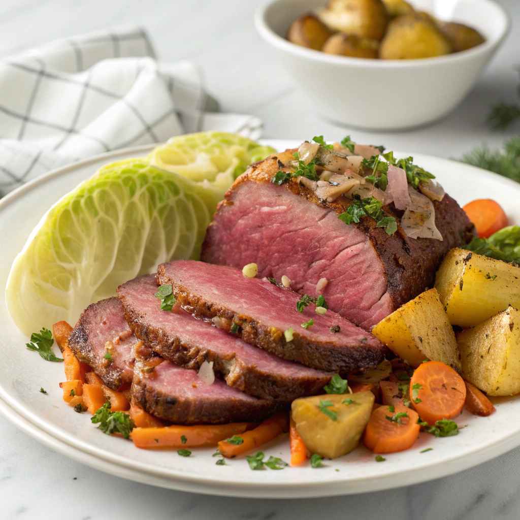 Corned Beef and Cabbage Recipe with Roasted Red Potatoes and Horseradish Sauce Recipe - Recipe Image