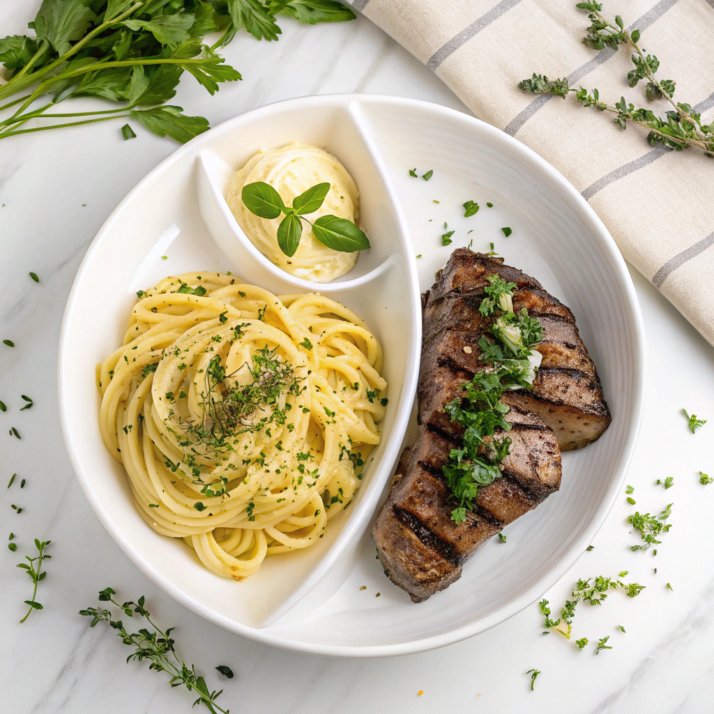 Garlic Butter Steak Bites with Cheesy Alfredo Twists Recipe - Recipe Image