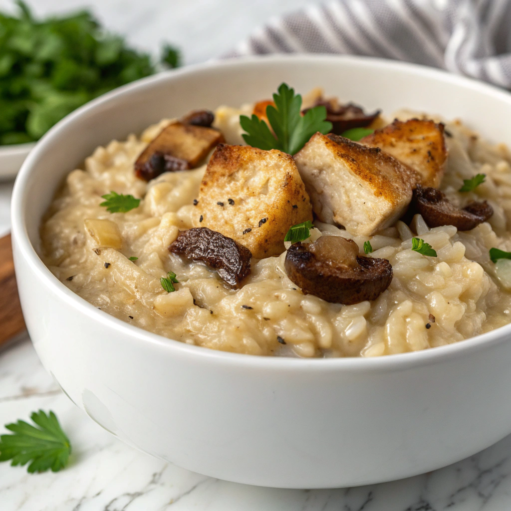One Pot Creamy Parmesan Chicken with Mushroom Rice Recipe - Recipe Image