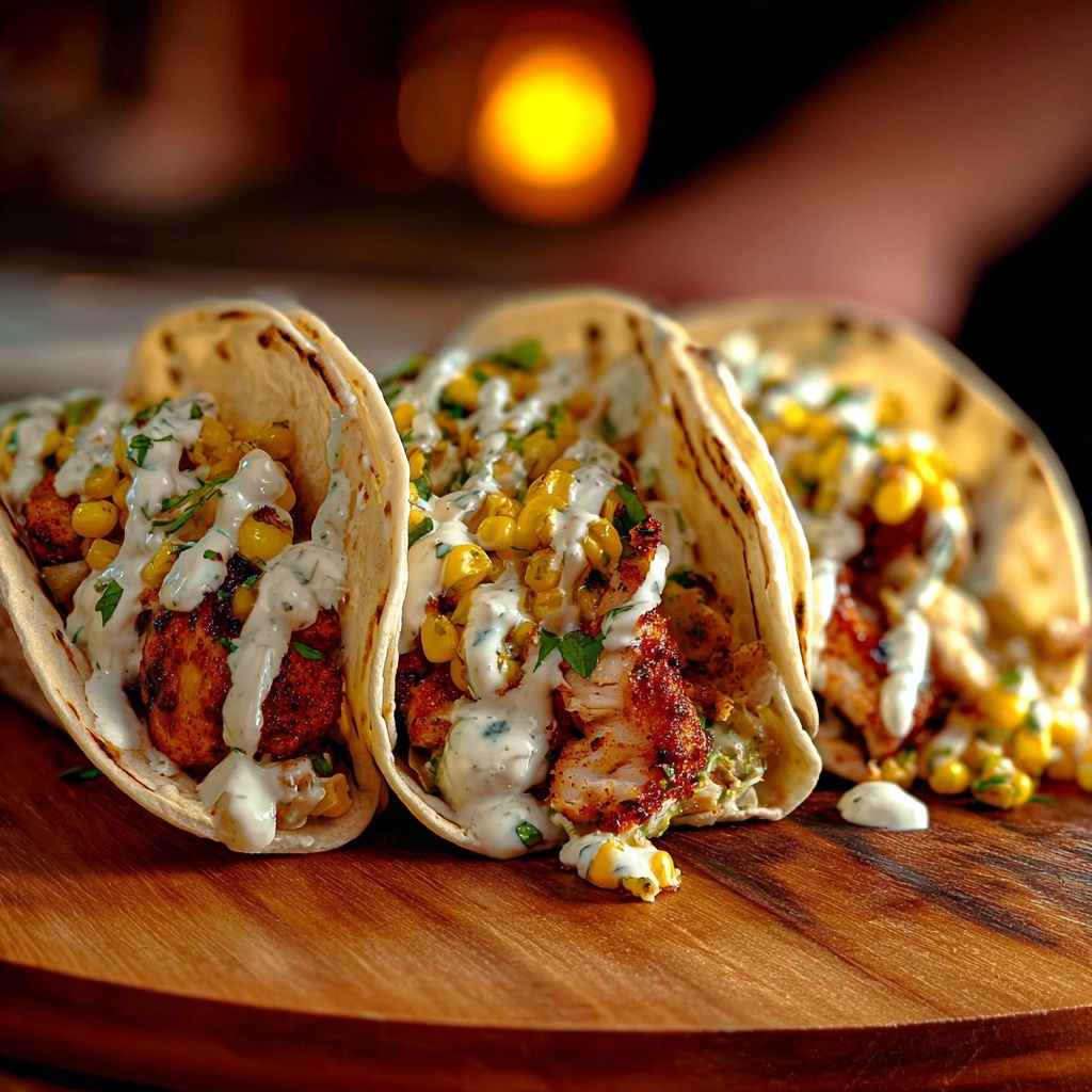 Fried Chicken Street Corn Tacos with Jalapeño Lime Recipe - Recipe Image