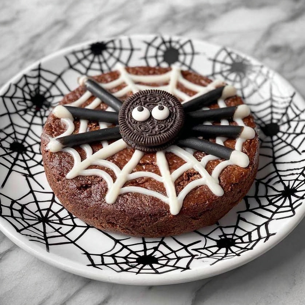 Spiderweb Brownies with Candy Eyeballs and Licorice Legs Recipe - Recipe Image