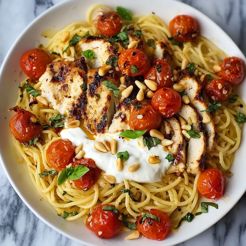 Chicken Spaghetti with Burrata, Roasted Cherry Tomatoes, and Lemon Butter Garlic Sauce Recipe - Recipe Image