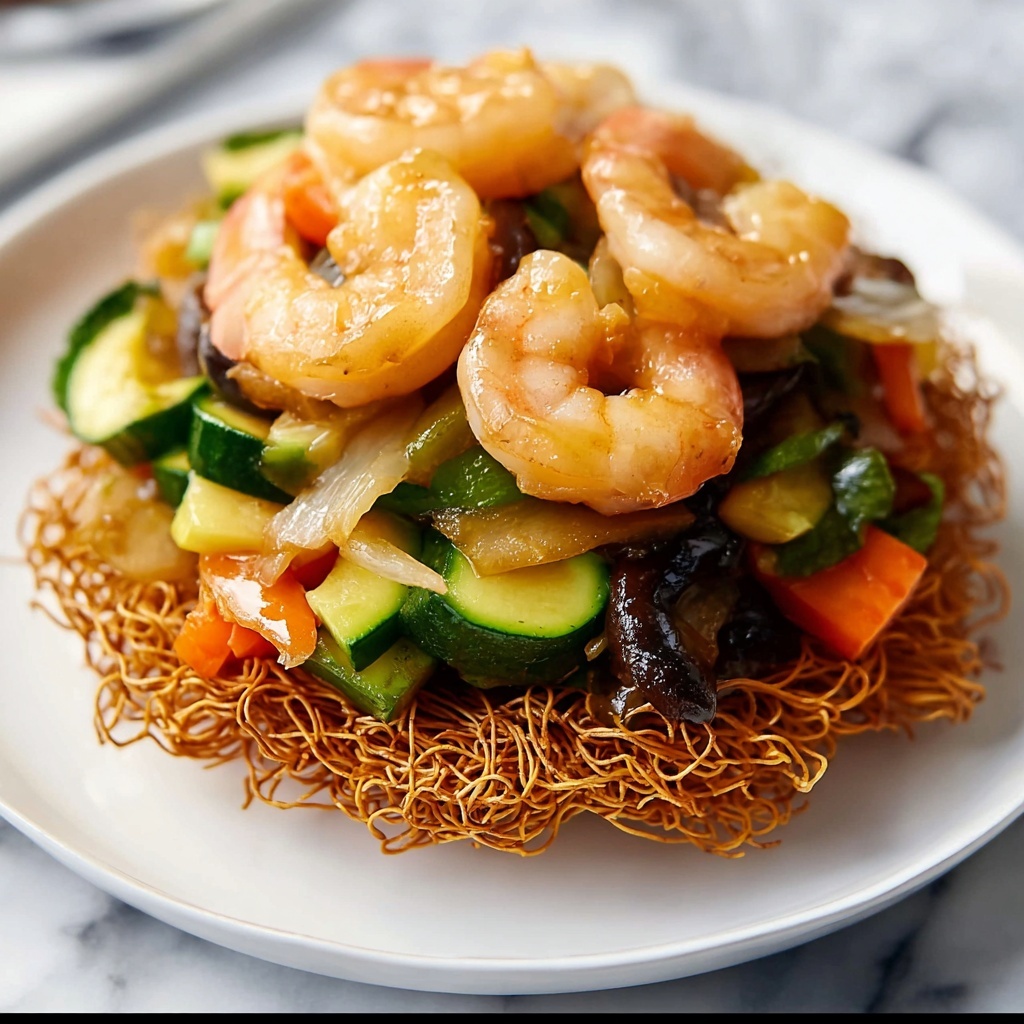 Crispy Cake Noodle Stir Fry with Shrimp and Vegetables Recipe - Recipe Image