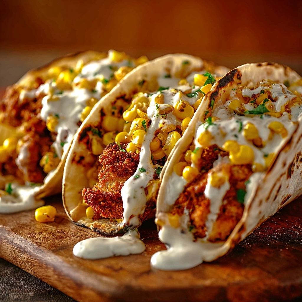Fried Chicken Street Corn Tacos with Jalapeño Lime Recipe - Recipe Image