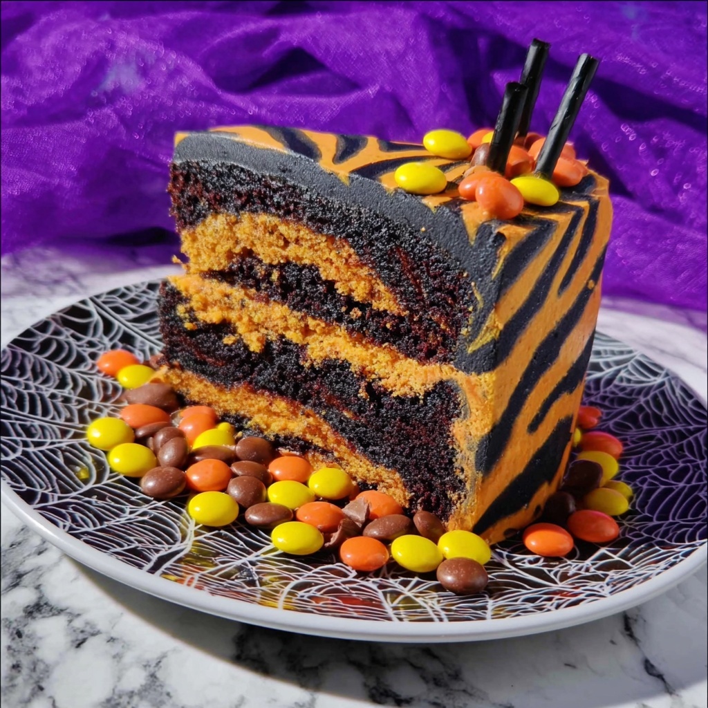 Spooktacular Halloween Zebra Cake with Chocolate Buttercream and Reese's Recipe - Recipe Image