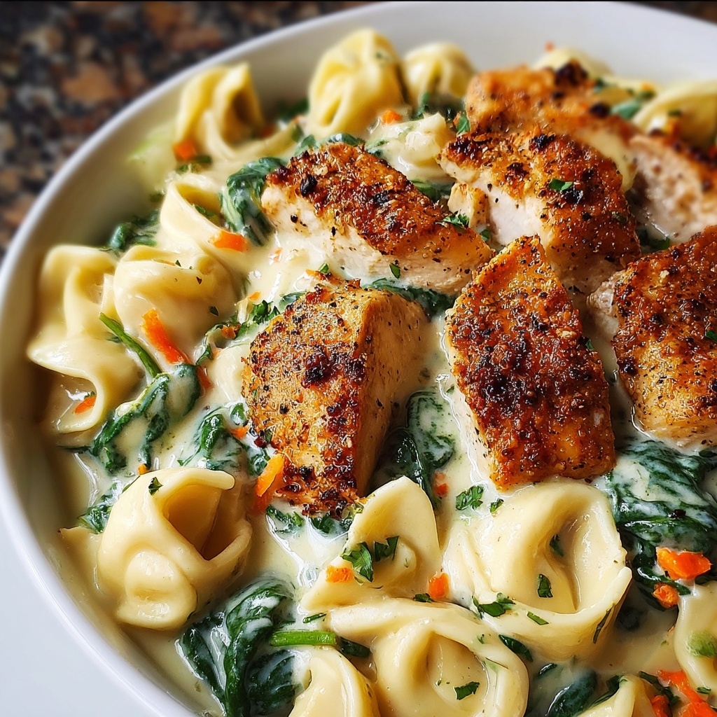 Cheesy Garlic Parmesan Chicken Tortellini with Spinach in Creamy Sauce Recipe - Recipe Image