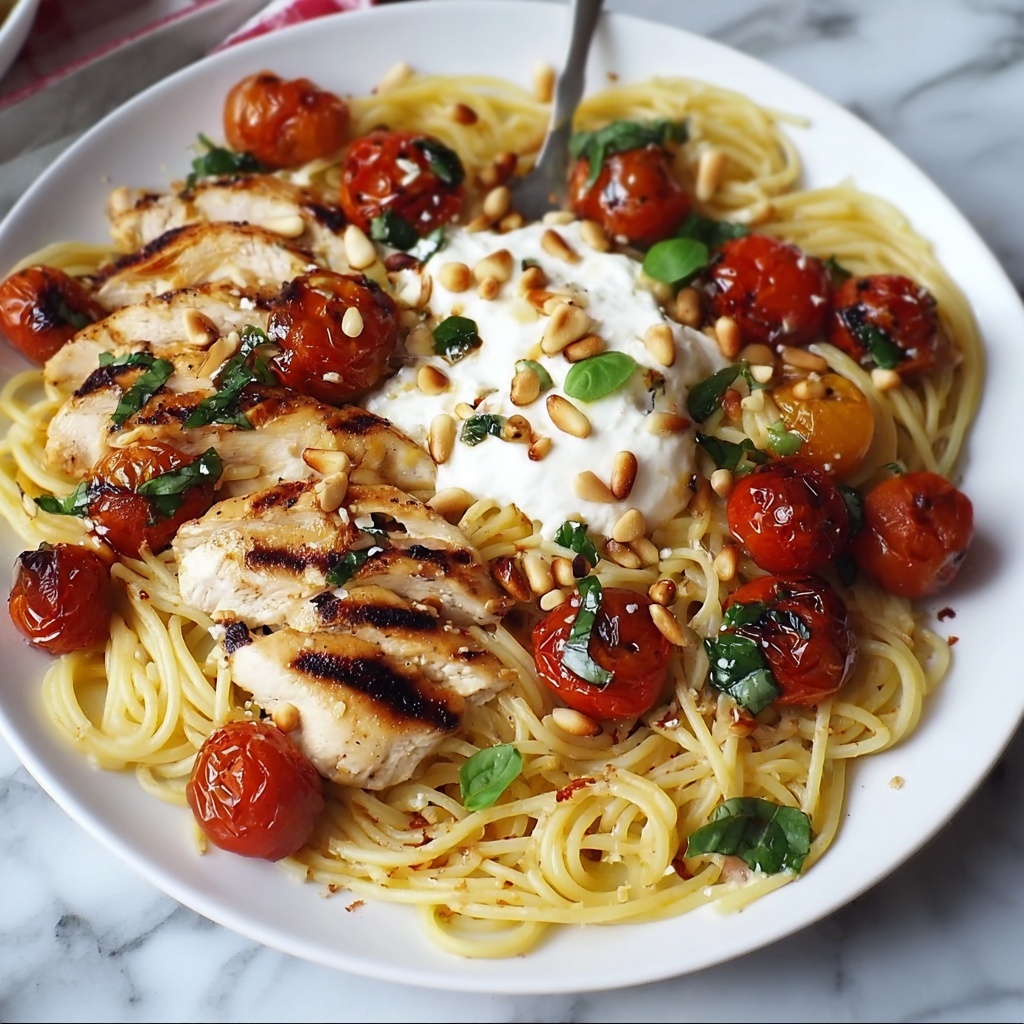 Chicken Spaghetti with Burrata, Roasted Cherry Tomatoes, and Lemon Butter Garlic Sauce Recipe - Recipe Image