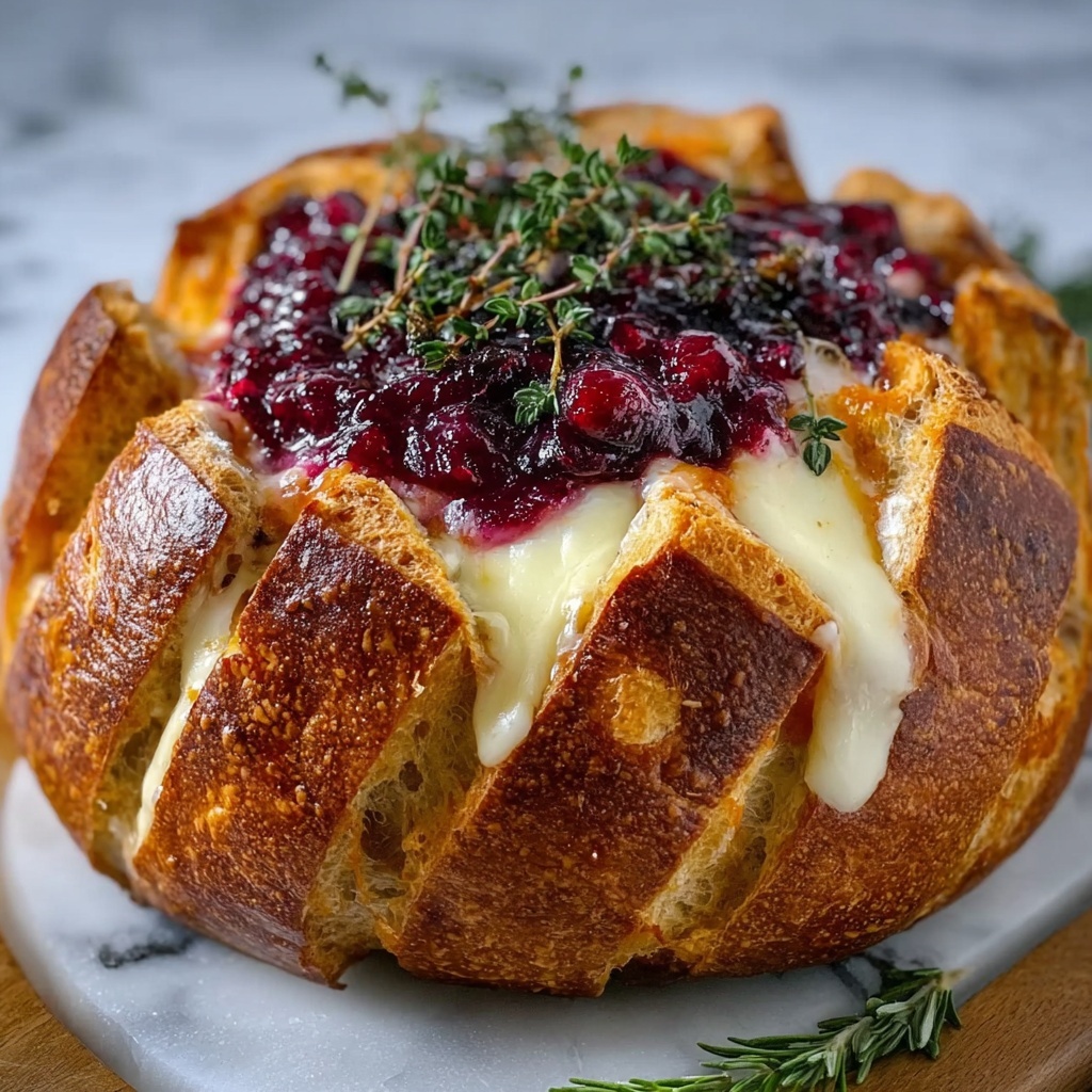 Garlic Herb Sourdough Bread Stuffed with Brie and Cranberry Sauce Recipe - Recipe Image