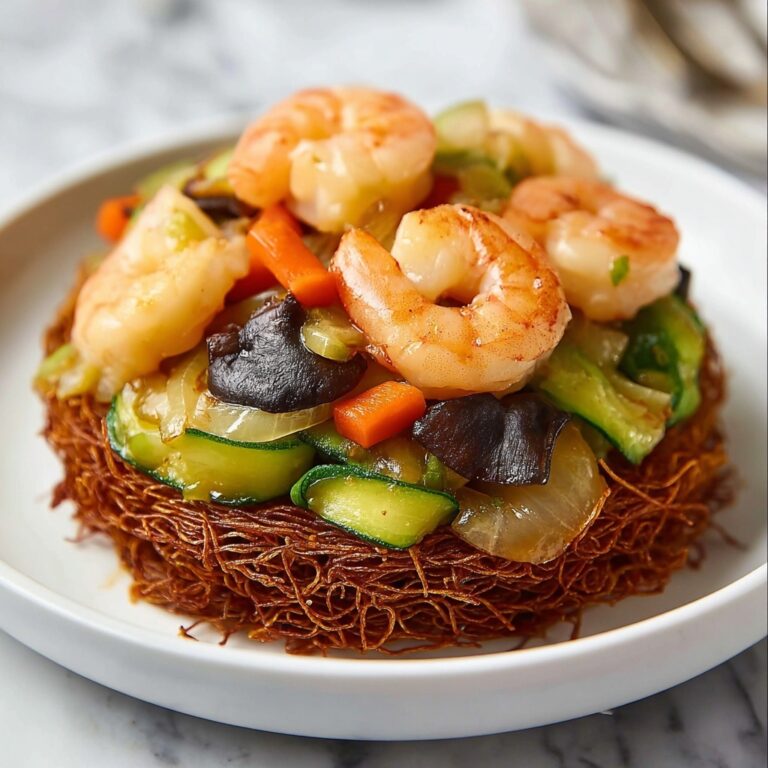 Crispy Cake Noodle Stir Fry with Shrimp and Vegetables Recipe