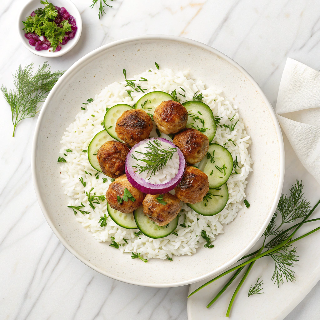 Greek Meatball Bowl with Tzatziki, Rice & Fresh Veggies Recipe - Recipe Image