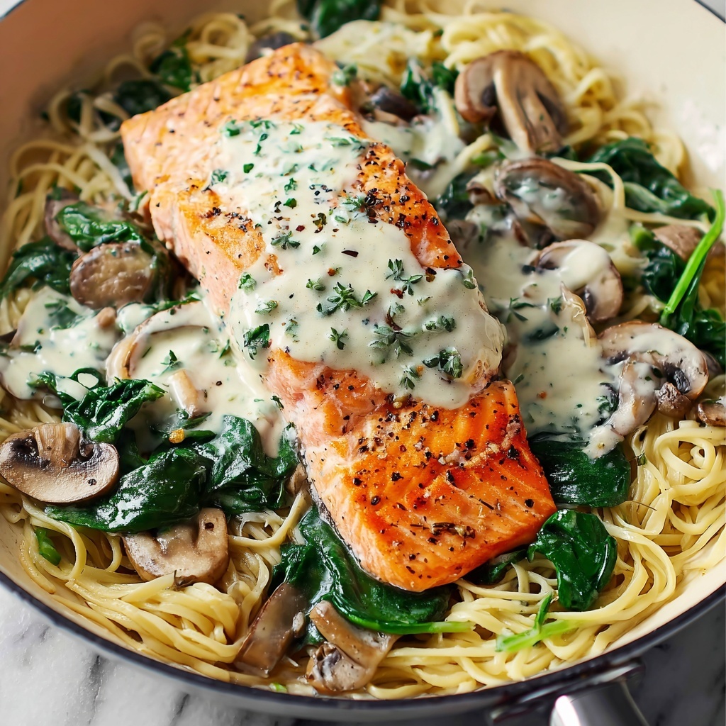 Creamy Salmon Florentine with Spinach and Mushrooms Recipe - Recipe Image