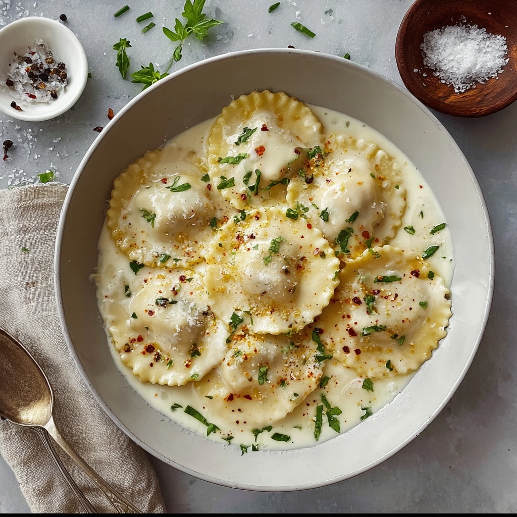 Creamy Ravioli with Garlic Tomato Sauce and Basil Recipe - Recipe Image