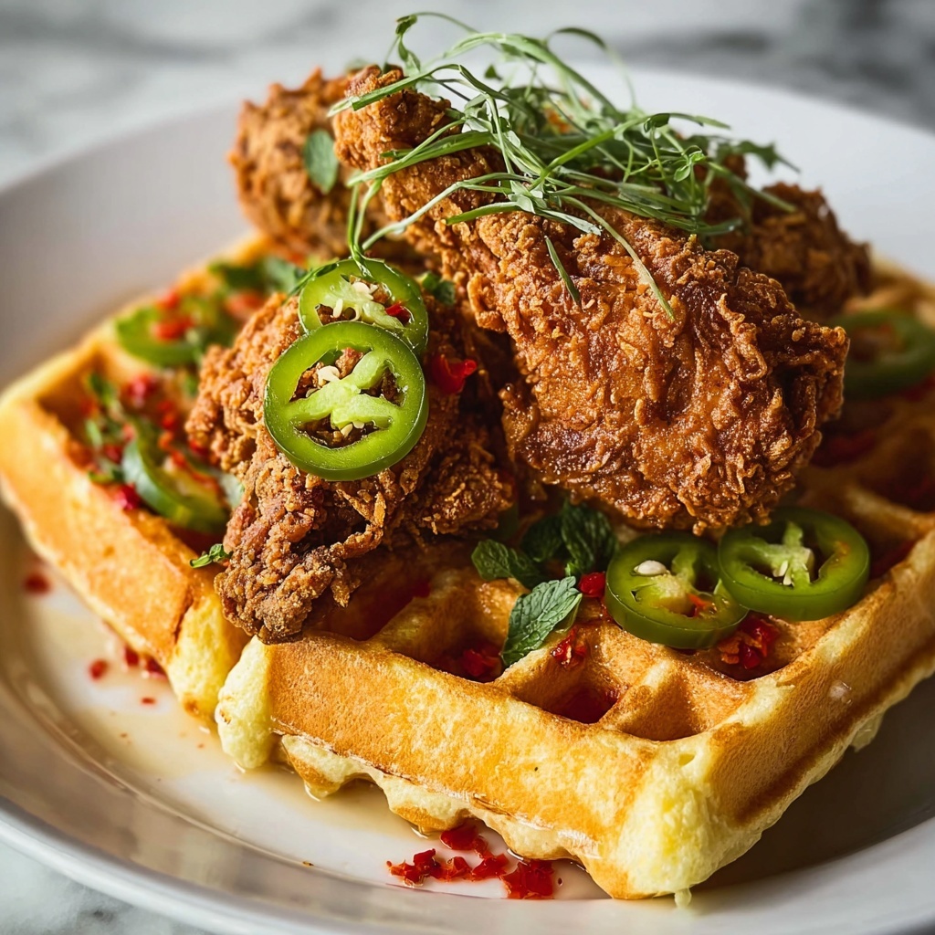 Homemade Fried Chicken ‘n’ Waffles with Jalapeno Honey Butter Sauce Recipe - Recipe Image