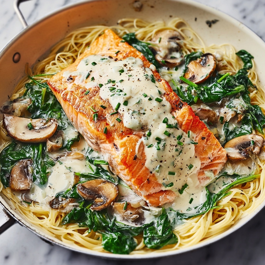 Creamy Salmon Florentine with Spinach and Mushrooms Recipe - Recipe Image