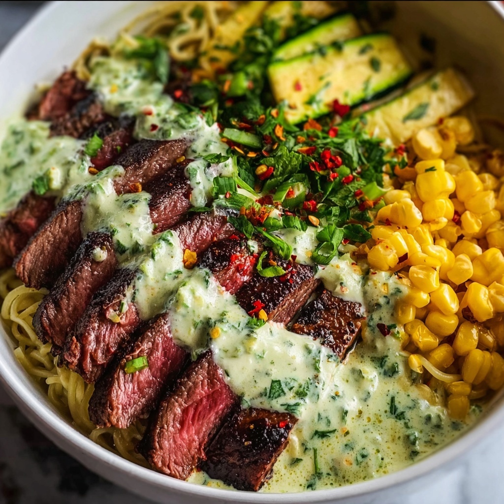 Steak, Avocado & Roasted Corn Bowl with Cilantro Cream Sauce Recipe - Recipe Image