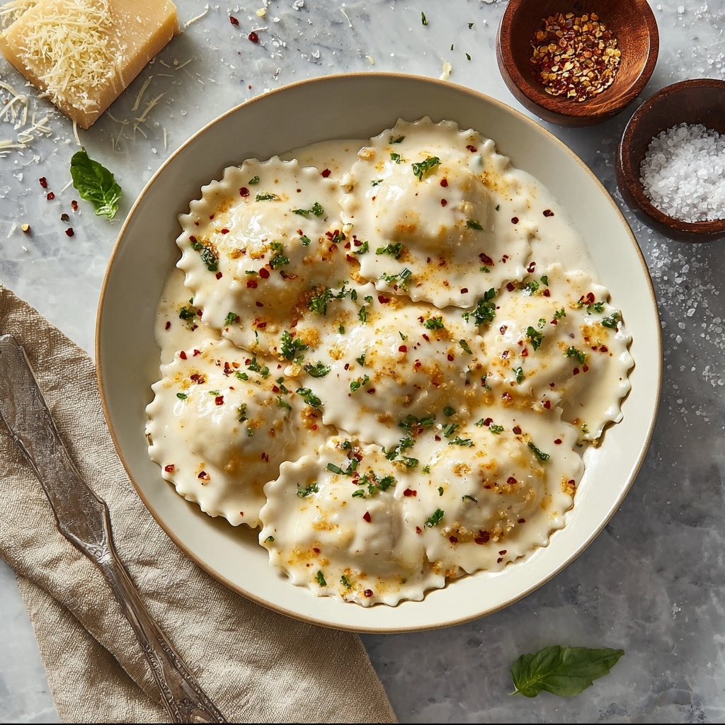 Creamy Ravioli with Garlic Tomato Sauce and Basil Recipe - Recipe Image