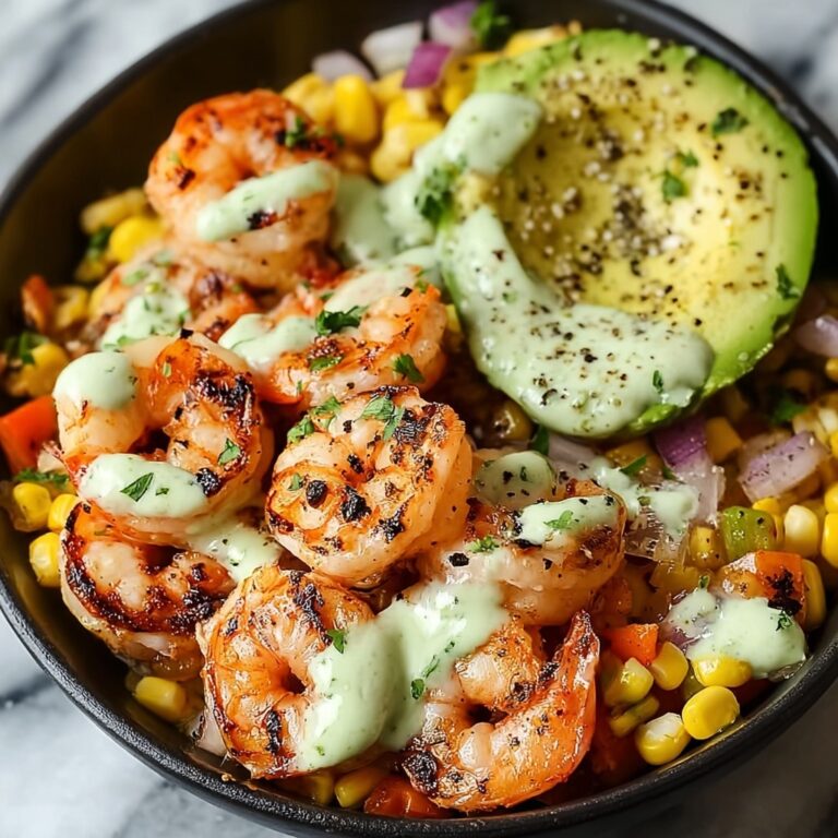 Grilled Shrimp Bowl with Avocado Corn Salsa and Creamy Sauce Recipe